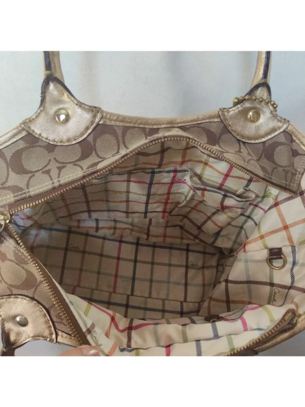 COACH BLEECKER Signatue TOTE Satchel BAG Gold Tan Leather Fabric